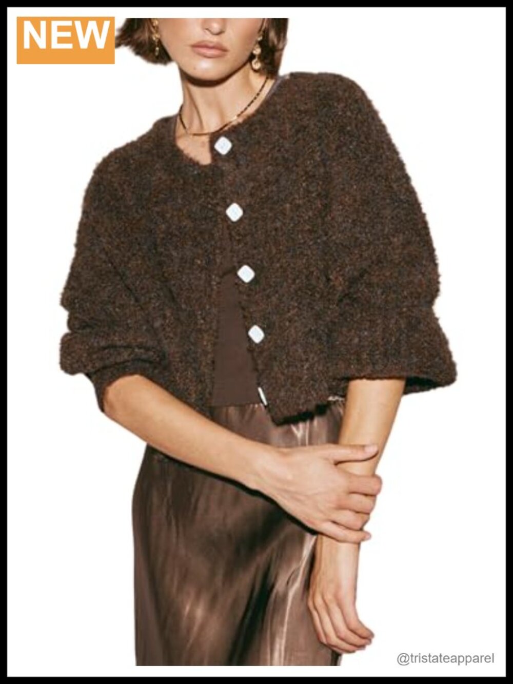 Fluffy Knit Cropped Cardigan Sweater for Women Button Down Drop Shoulder